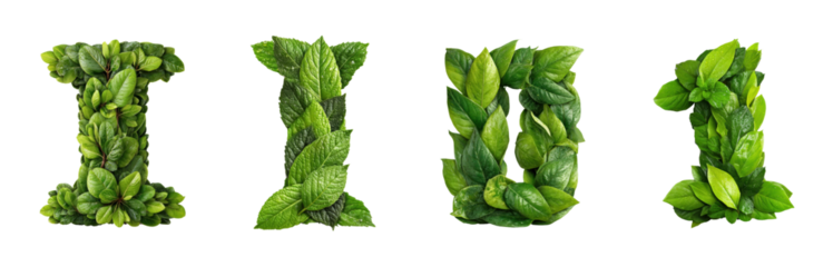 Vibrant green leaf letters forming words in nature organic concept, isolated on transparent background, png set