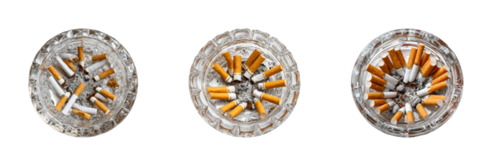 Cigarette butts disposal urban still life cleanliness top view, isolated on transparent background, png set