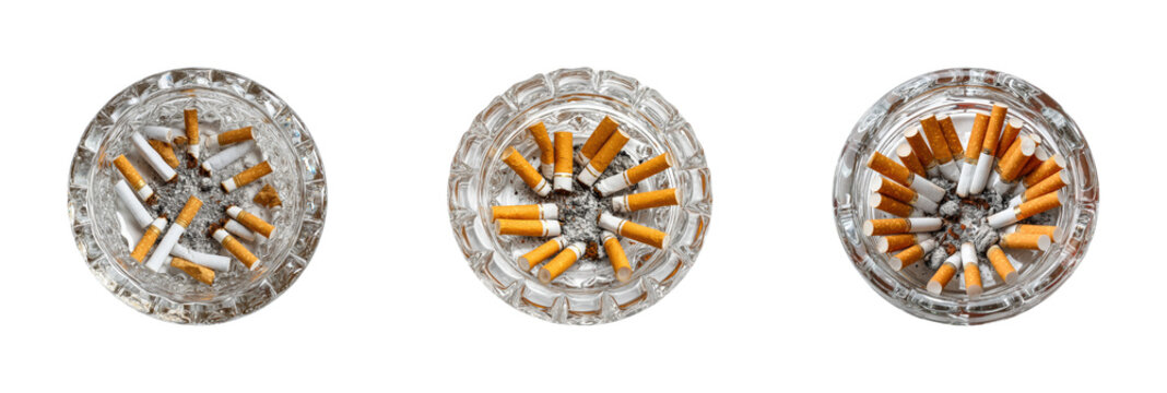 Cigarette butts disposal urban still life cleanliness top view, isolated on transparent background, png set