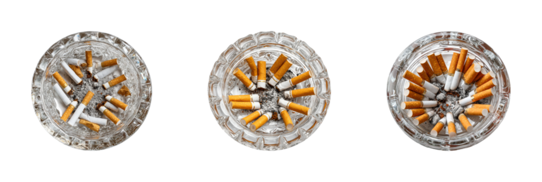 Cigarette butts disposal urban still life cleanliness top view, isolated on transparent background, png set