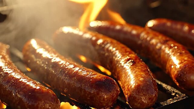 Grilled sausages sizzling on a barbecue