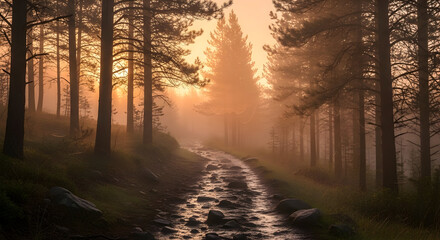 Misty Forest Trail with Sunlight Filtering Through the Trees