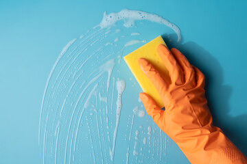 Germ fighting cleaning crew with vibrant yellow sponge and orange gloves tackling tough messes with soapy suds, clean home vibes