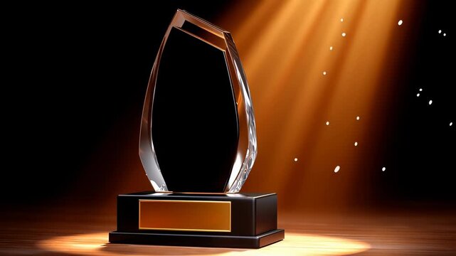 Bright spotlight shines on sleek crystal trophy standing on polished wooden base. Prestigious award representation in professional setting