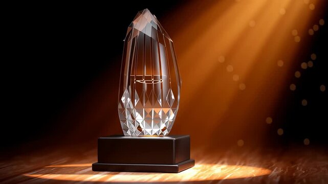 Award trophy stands prominently on polished wooden surface under warm spotlight. Elegant design enhances prestige of achievement. Concept of awards, ceremonies, business recognition