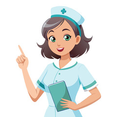 Anime Nurse Character Holding a Clipboard Pointing Upwards with an Open Mouth, Looking Excited and Surprised