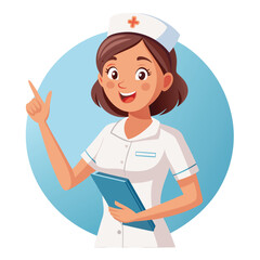 Anime Nurse Character Holding a Clipboard Pointing Upwards with an Open Mouth, Looking Excited and Surprised