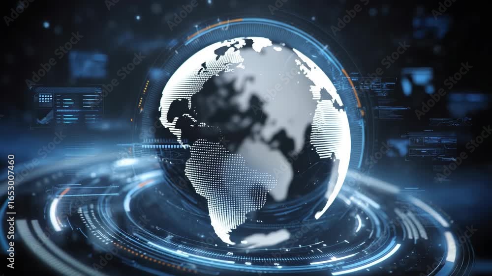 Aufkleber global connectivity: a digital globe surrounded by technological rings symbolizes global communicati