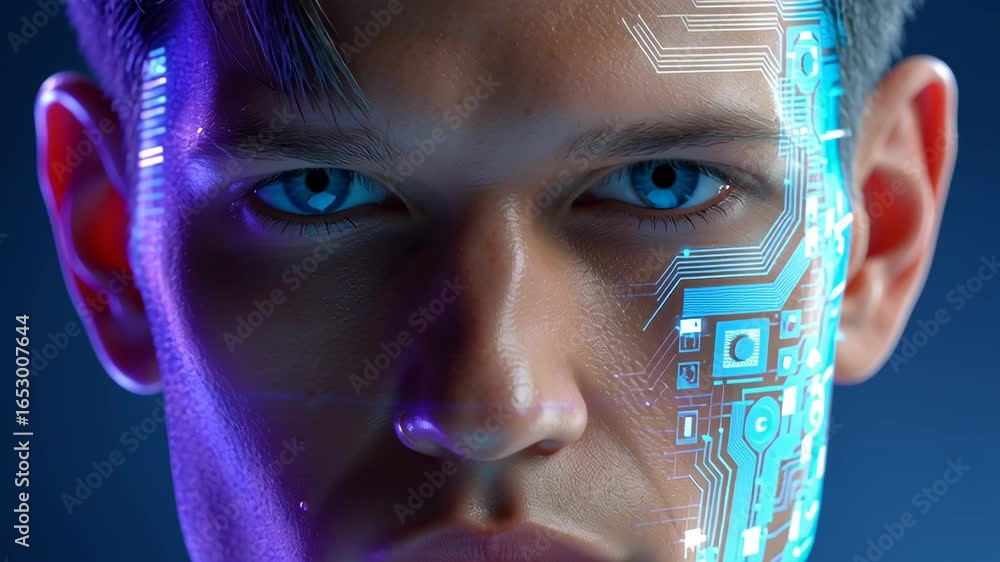 Poster man with striking features gazes at camera, showcasing intricate digital patterns on his face agains