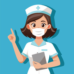 Cartoon Nurse Wearing a Mask and Holding Medical Chart Pointing Up for Attention to Health Advice During Pandemic