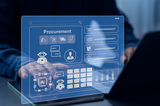 Businessman using digital procurement system with AI technology, managing supply chain, communication, and data analytics for modern business efficiency.