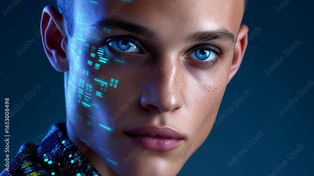 Aufkleber young individual with captivating blue eyes gazes intensely at viewer. artistic setting features glo
