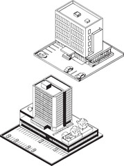 Isometric illustration of modern buildings with parking lots