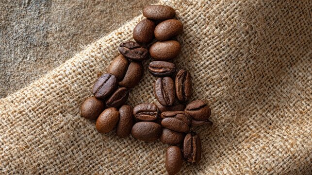 Coffee Bean Number Four: a close-up view showcases the number four meticulously crafted from roasted coffee beans, resting on a rustic burlap sack.