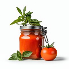 A jar of vibrant homemade tomato sauce with fresh basil is displayed beside a ripe tomato against a clean white background, evoking the flavors of Italy.