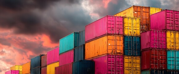Fototapeta premium Cargo containers in multiple colors stacked at shipping port, representing worldwide logistics, freight transport, and import-export commerce