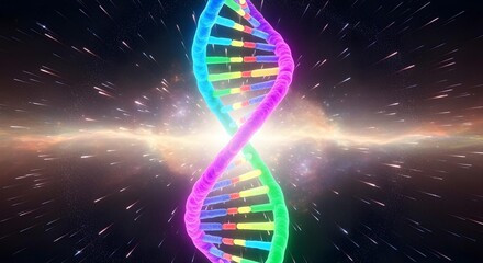 3D animation of a rotating DNA double helix with neon colors