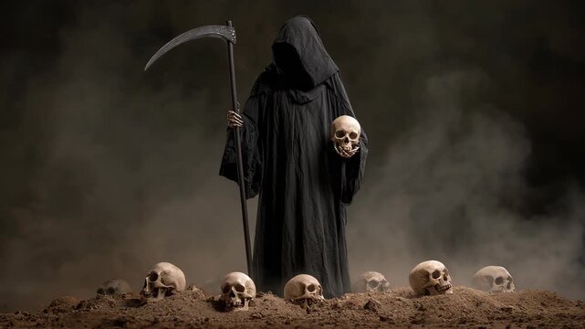 Grim Reaper's Haunting Presence: Hooded figure stands in a misty graveyard, holding a skull with a scythe, surrounded by skeletal remains.