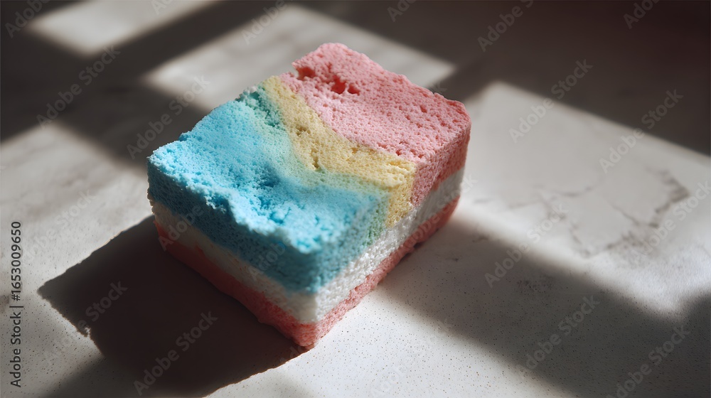 Poster a colorful, textured block of layered, pastel-hued sponge candy, displayed against a light gray surf