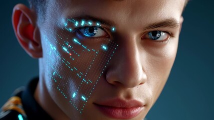 Young man gazes intently at camera with futuristic blue glowing accents on cheek and eye. Dark backdrop emphasizes striking features and modern aesthetic. Concept of fashion, technology, digital art - Powered by Adobe
