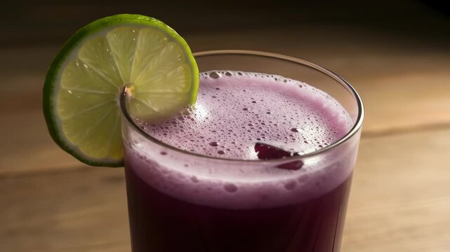 Purple Drink with Lime Slice, A Refreshing Beverage Garnished for a Tropical Vibe, Perfect for Summer and Casual Social Gatherings, Chicha Morada