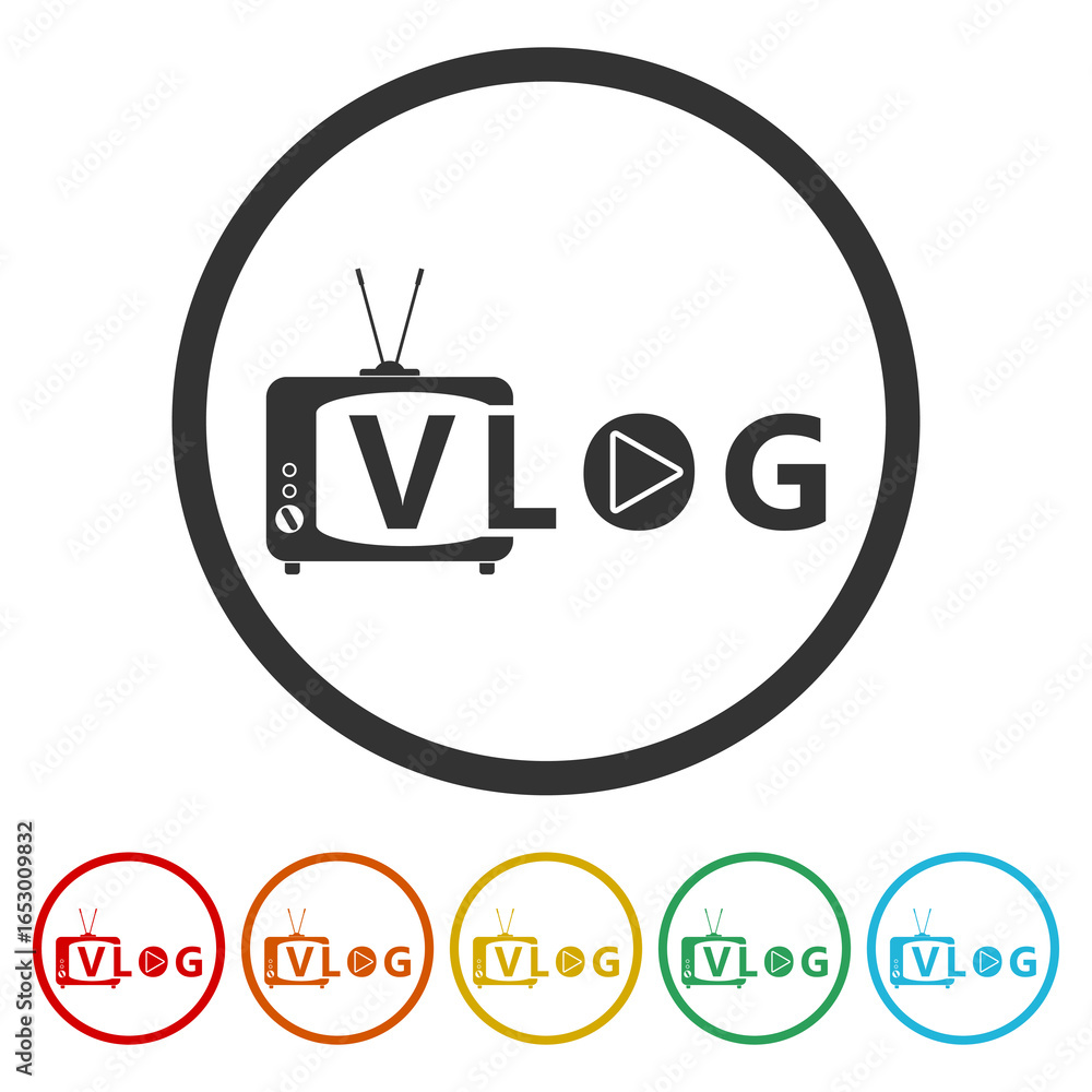 Poster creative logo for video vlog or channel icon. set icons in color circle buttons