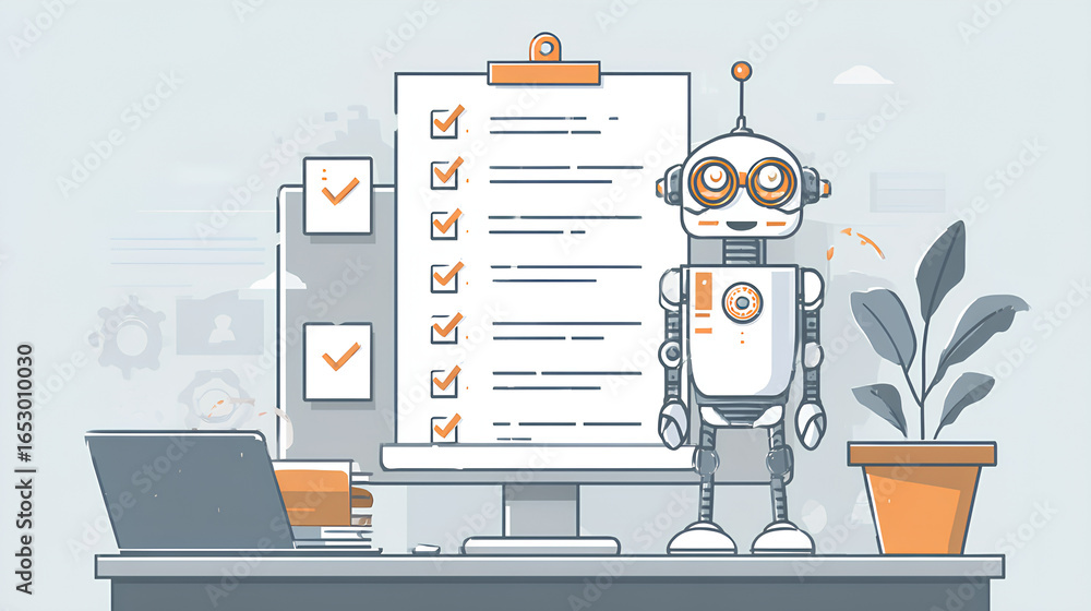 Poster flat design illustration. ai robot working on computer. next to the robot is this to lists with all 