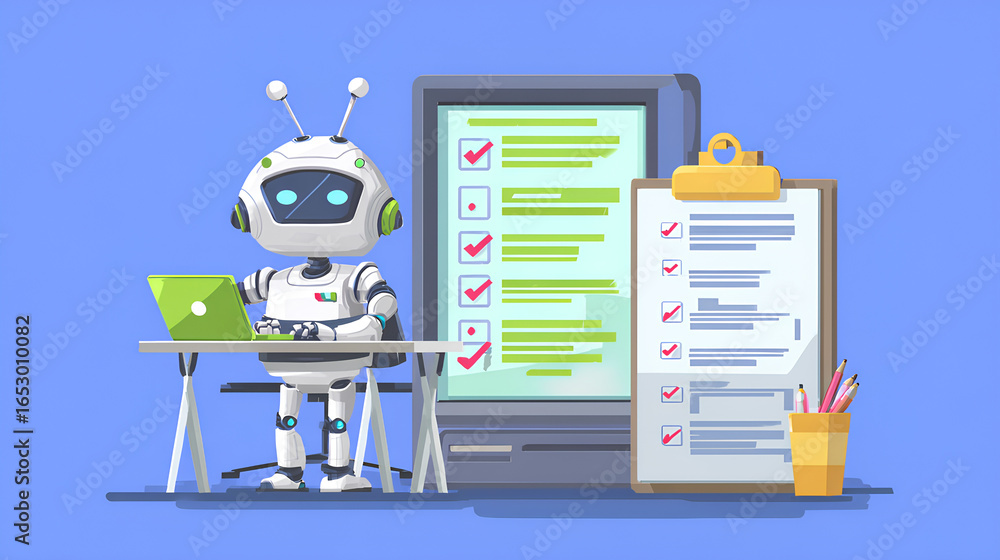 Poster flat design illustration. ai robot working on computer. next to the robot is this to lists with all 