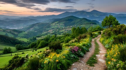 Fototapeta premium A picturesque mountain vista unfolds, showcasing lush green valleys and a winding dirt path amidst vibrant wildflowers.