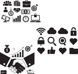 Collection of business and finance related silhouette icons showing money growth charts communication cloud data and office work elements in modern black vector