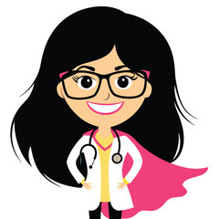 Cartoon Superhero Doctor or Nurse with Black Hair Wearing Glasses and a Pink Cape of Healing