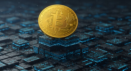 A golden Bitcoin coin rests atop a network of digital blocks, symbolizing cryptocurrency.