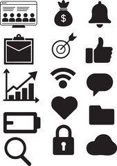 Black silhouette icons of office work elements