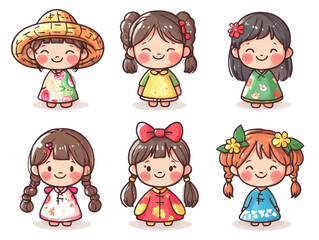 Cute cartoon characters in traditional dresses, each with unique hairstyles and accessories, smiling joyfully. diverse outfits and cheerful expressions highlight cultural variety and happiness