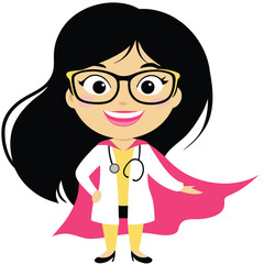 Cartoon Superhero Doctor or Nurse with Black Hair Wearing Glasses and a Pink Cape of Healing