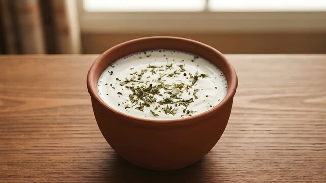 Bowl of creamy yogurt with herbs on a wooden table near a window, Healthy eating and fresh ingredients for a delicious snack, Ayran