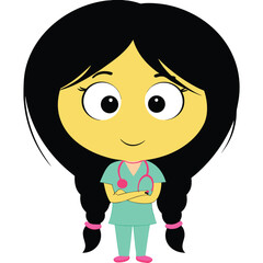 Cartoon Doctor or Nurse Illustration An Inspiring Depiction of Healthcare Professionalism with Black Hair and Pink Stethoscope Accents