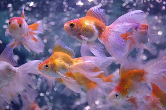 A cluster of goldfish with flowing fins and unique colors, swimming in crystal water,