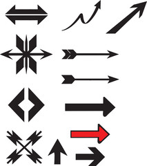 Collection of black directional arrow illustrations with bold lines and variations in style showing movement navigation and simple guidance symbols for design use