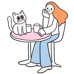 Cartoon of Woman with Cat at Cafe Table.
