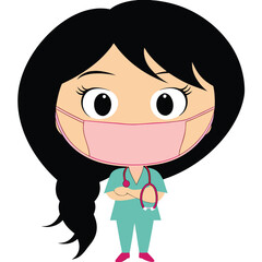 Cartoon Nurse with Face Mask Braids and Stethoscope Represents Healthcare and Safety During Pandemic Times and Medical Professionals