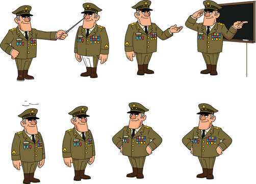 Cartoon military officer illustration, army general pointing with stick, commander character, soldier uniform, teaching, training, leadership, discipline, authority, strategy