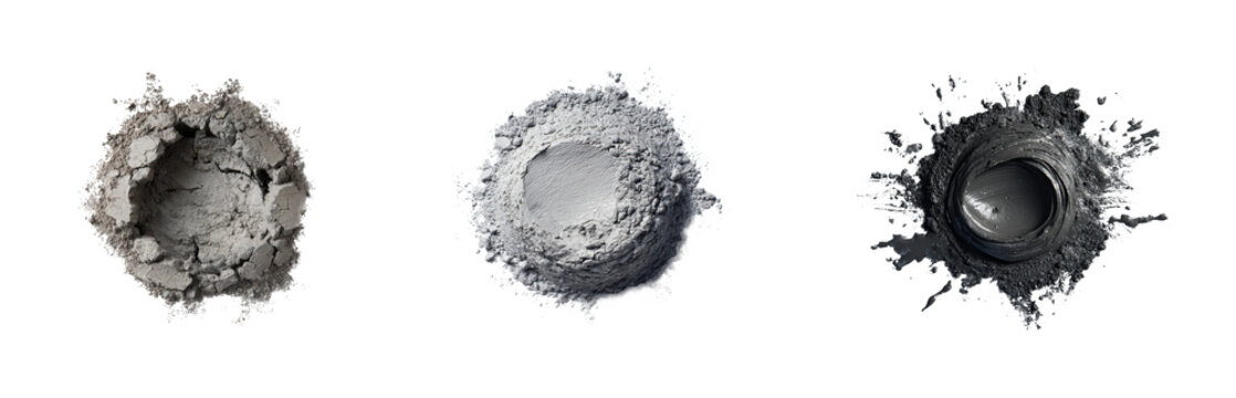 Mixing various shades of grey cement powder environment, isolated on transparent background, png set