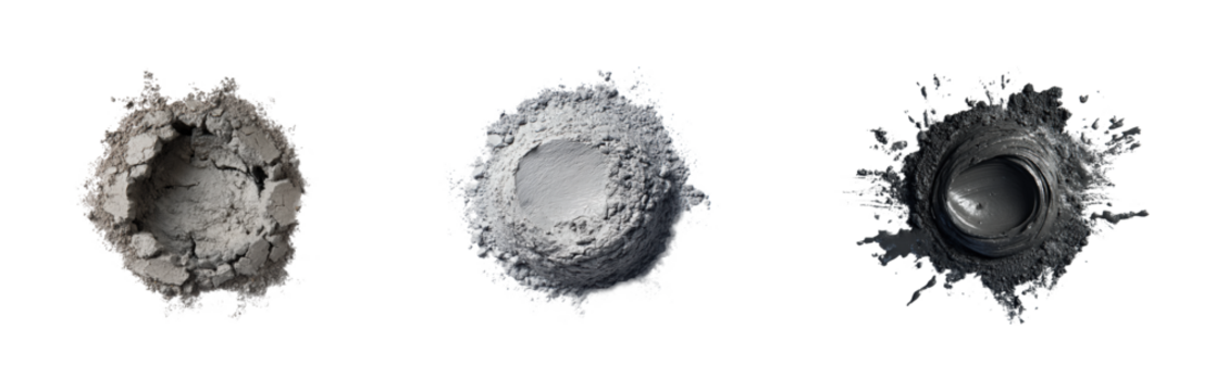 Mixing various shades of grey cement powder environment, isolated on transparent background, png set