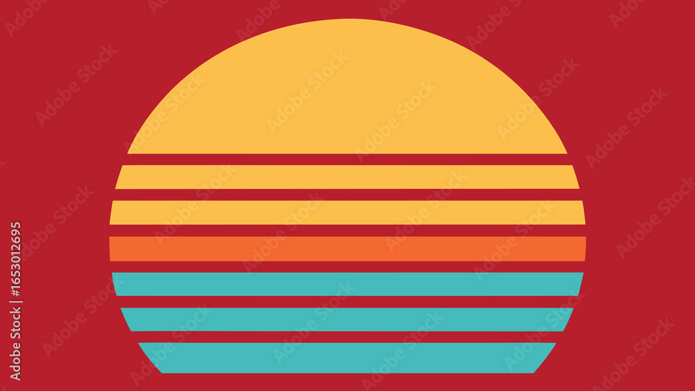 Poster abstract geometric sunset with horizontal color bands on a red transparency background vector illust