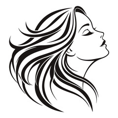 Elegant woman s profile with flowing hair black and white illustration