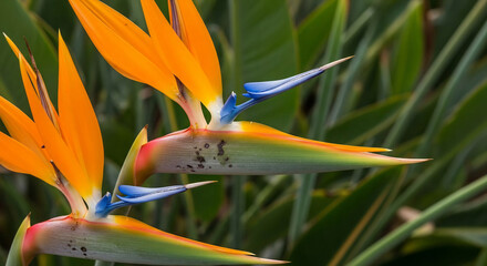 Vibrant Bird of Paradise Flowers with Orange and Blue Petals in Natural Setting