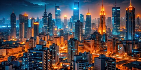 Fototapeta premium Warm ambient glow of orange and blue neon lights amidst a dimly lit cityscape at night