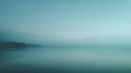 Fototapeta premium Misty lake scene with tranquil mountains in soft teal hues.