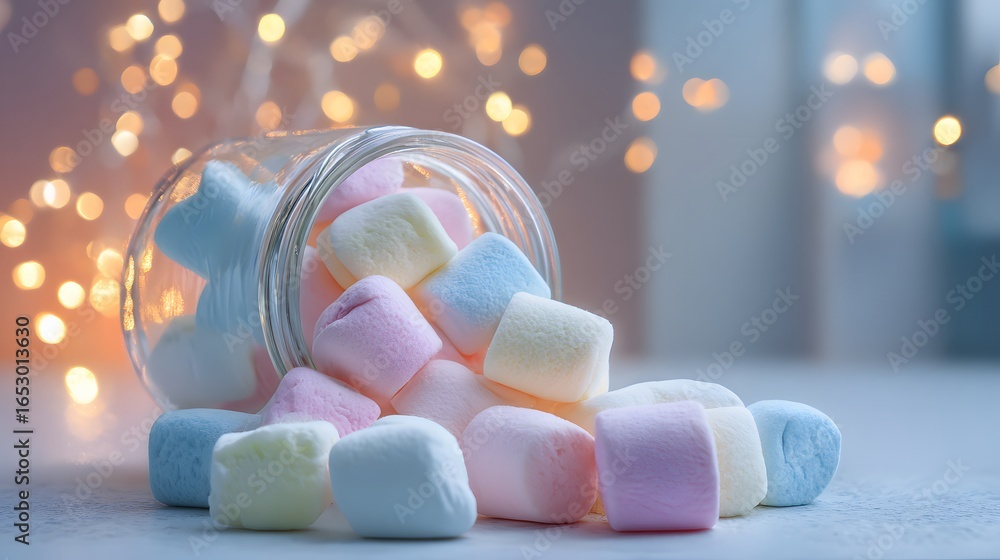 Poster a glass jar overflowing with colorful marshmallows, creating a sweet and inviting scene against a ba